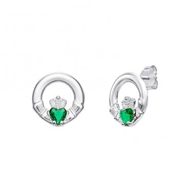 Sterling Silver Green Stone Claddagh Stud Earrings