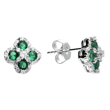 Sterling Silver Green & White Cubic Zirconia 4 Leaf Clover Stud Earrings