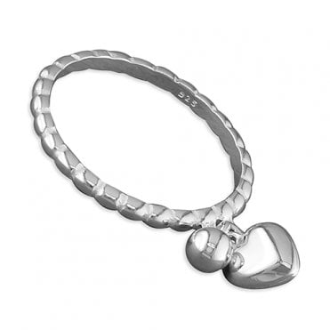 Sterling Silver Heart and Bead Drop Ring Size L