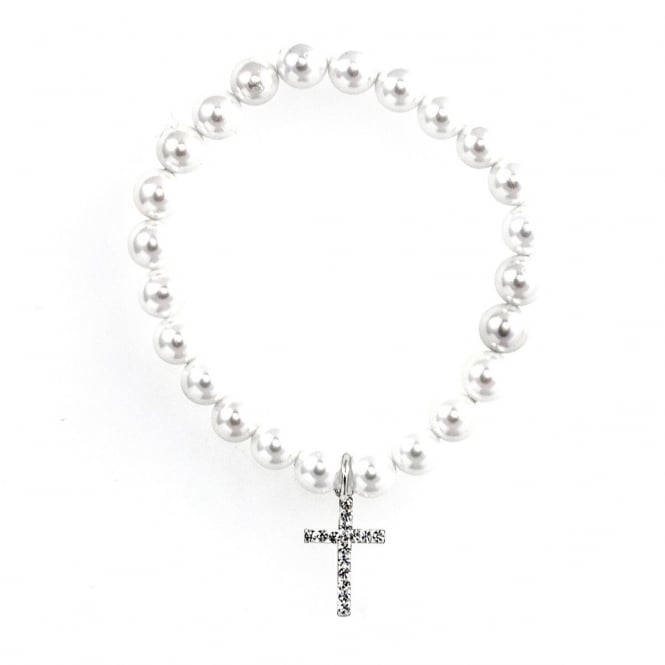 Eternity Sterling Silver Kids Pearl Bracelet with Crystal Cross