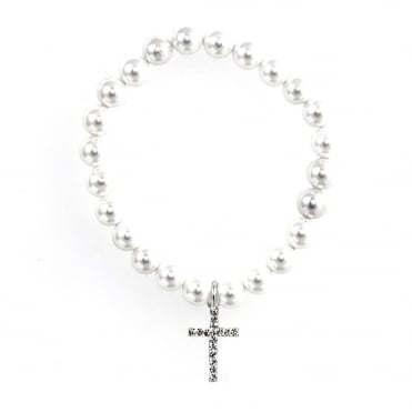 Sterling Silver Kids Pearl Bracelet with Crystal Cross