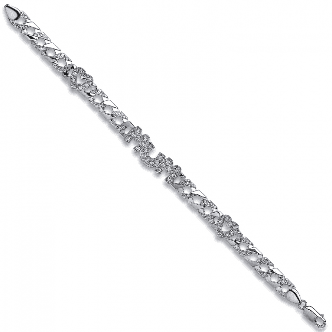 Eternity Sterling Silver Ladies Cubic Zirconia Mum Heart Curb Bracelet