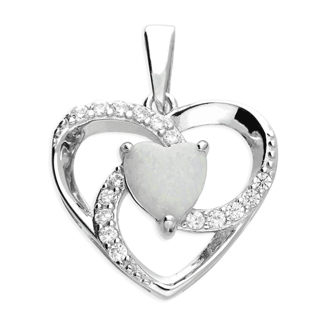 Eternity Sterling Silver Ladies Heart Opal & Cubic Zirconia Heart Pendant & Chain