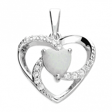 Sterling Silver Ladies Heart Opal & Cubic Zirconia Heart Pendant & Chain