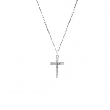 Sterling Silver Large Flat Diamond Cut Crucifix Pendant and 18'' Chain
