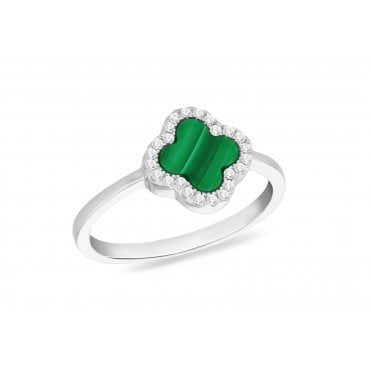 Sterling Silver Malachite Cubic Zirconia Clover Ring Size L