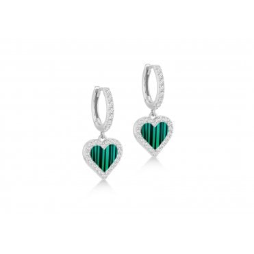 Sterling Silver Malachite Cubic Zirconia Heart Hoop Earrings