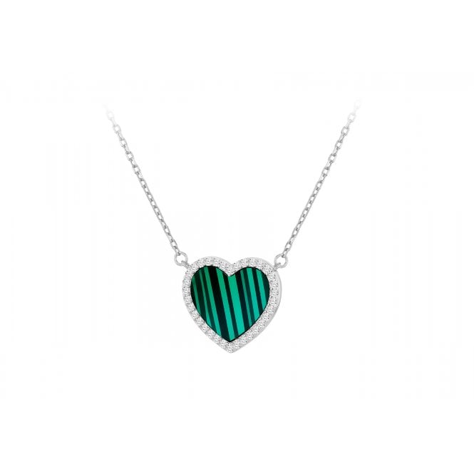 Eternity Sterling Silver Malachite Cubic Zirconia Heart Necklace