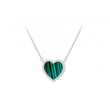 Sterling Silver Malachite Cubic Zirconia Heart Necklace