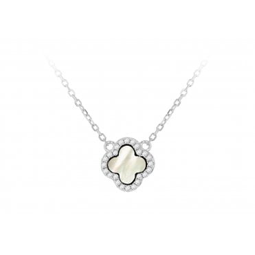 Sterling Silver Mother Of Pearl & Cubic Zirconia Clover Necklace
