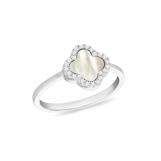 Eternity Sterling Silver Mother of Pearl Cubic Zirconia Clover Ring Size P