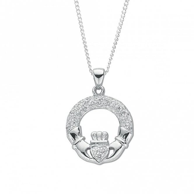 Eternity Sterling Silver Pave Cubic Zirconia Set Claddagh Drop Pendant and 18'' Chain