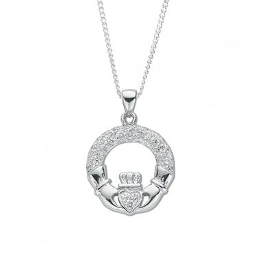 Sterling Silver Pave Cubic Zirconia Set Claddagh Drop Pendant and 18'' Chain