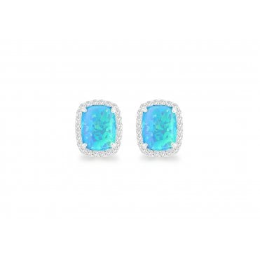 Sterling Silver Rectangular Turquoise Synthetic Opal & Cubic Zirconia Halo Studs