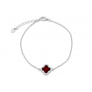 Sterling Silver Red Agate Cubic Zirconia Clover Bracelet