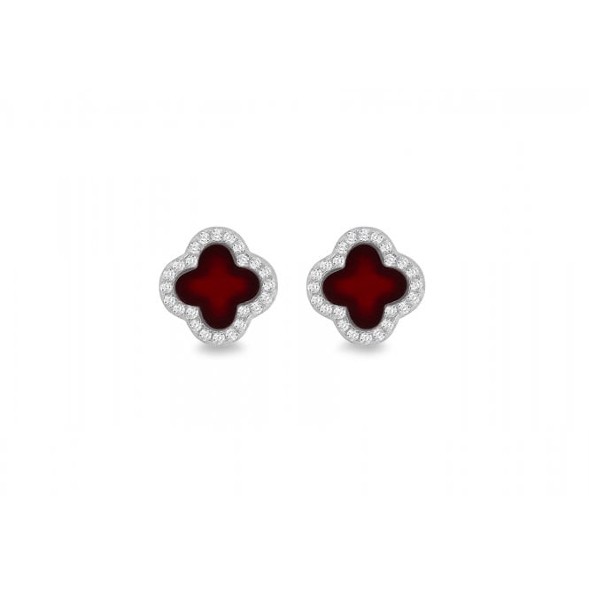 Eternity Sterling Silver Red Agate Cubic Zirconia Clover Stud Earrings