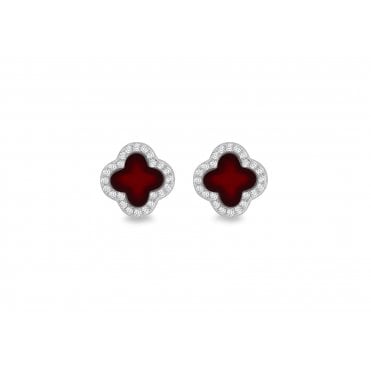 Sterling Silver Red Agate Cubic Zirconia Clover Stud Earrings