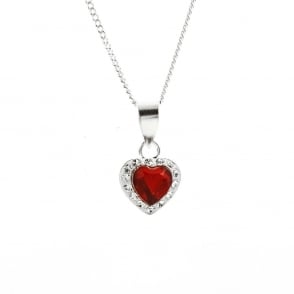 Sterling Silver Red Crystal Heart Pendant and 18'' Chain