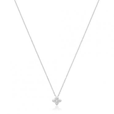 Sterling Silver Rhodium Plated Cubic Zirconia Flower Pendant & 18" Chain