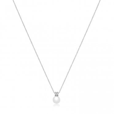 Sterling Silver Rhodium Plated Freshwater Pearl & Cubic Zirconia Pendant & 18" Chain