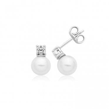 Sterling Silver Rhodium Plated Freshwater Pearl & Cubic Zirconia Stud Earrings