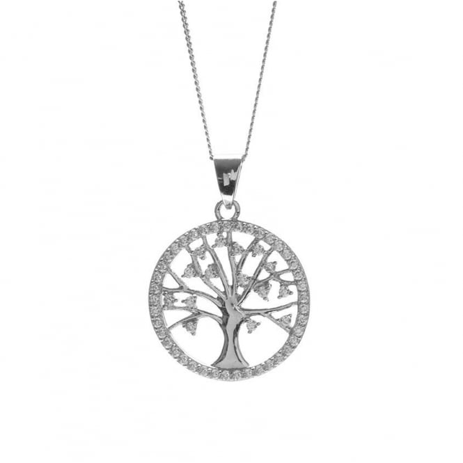 Eternity Sterling Silver Rhodium Plated Round Cubic Zirconia Tree of Life Pendant and 18'' Chain