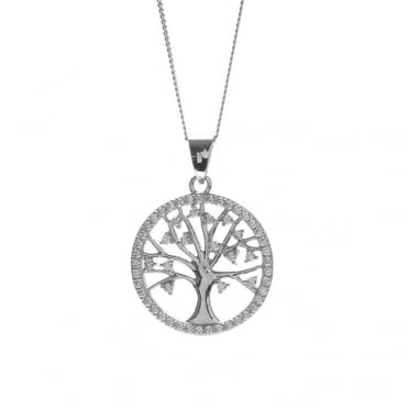 Sterling Silver Rhodium Plated Round Cubic Zirconia Tree of Life Pendant and 18'' Chain