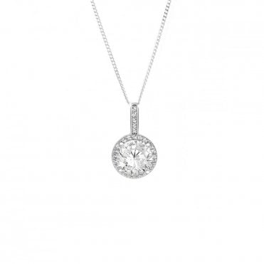 Sterling Silver Round Cubic Zirconia Halo Pendant and 18'' Chain