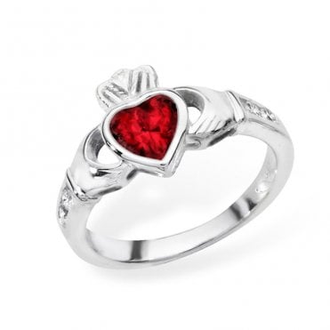 Sterling Silver Ruby July Claddagh Ring Size R