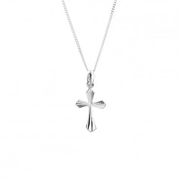 Sterling Silver Small Kids Diamond Cut Cross and 16'' Chain