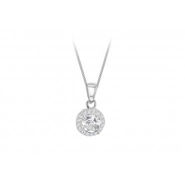 Sterling Silver Small Round Cubic Zirconia Halo Pendant and 18" Chain