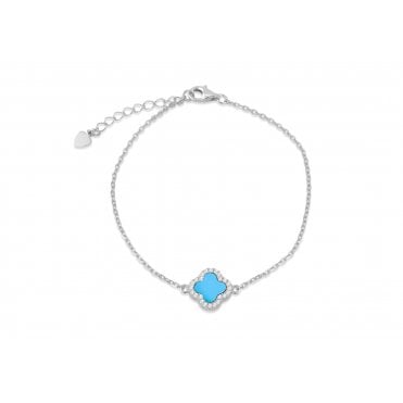 Sterling Silver Synthetic Turquoise & Cubic Zirconia Clover Bracelet