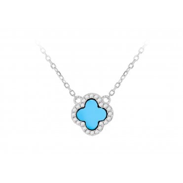 Sterling Silver Synthetic Turquoise & Cubic Zirconia Clover Necklace