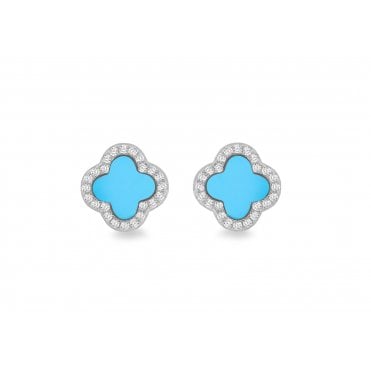 Sterling Silver Synthetic Turquoise & Cubic Zirconia Clover Stud Earrings