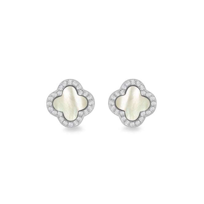 Eternity Sterling Silver White Mother Of Pearl & Cubic Zirconia Clover Stud Earrings