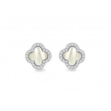 Sterling Silver White Mother Of Pearl & Cubic Zirconia Clover Stud Earrings