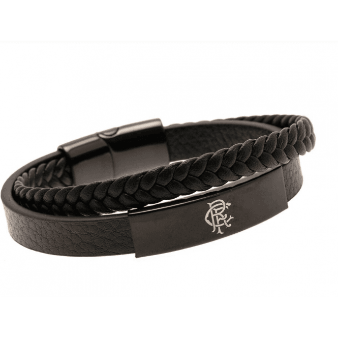Football Jewellery Rangers FC Stailnless Steel Leather Black IP Bracelet