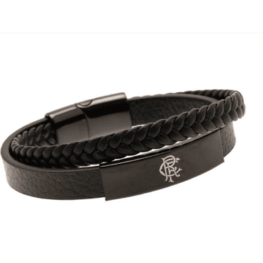 Rangers FC Stailnless Steel Leather Black IP Bracelet