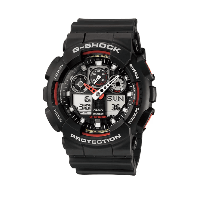 G-SHOCK Digital & Analogue Black Dial Red & White Accents Black Strap Watch G-100-1BVMUR