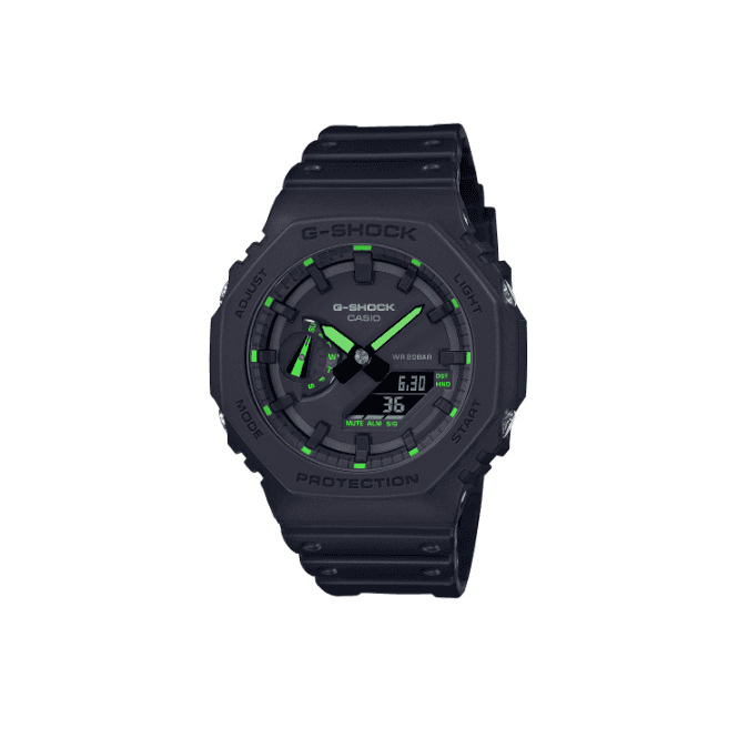 G-SHOCK Digital & Analogue Black Dial with Green Accents Black Strap Watch GA-2100-1A3ER
