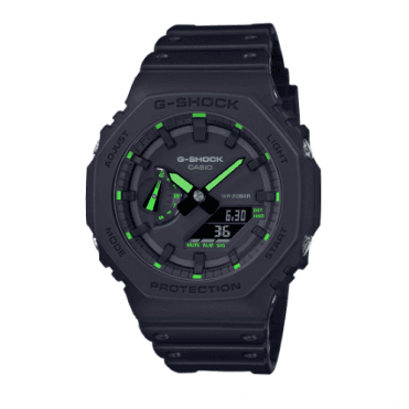 G-SHOCK Digital & Analogue Black Dial with Green Accents Black Strap Watch GA-2100-1A3ER