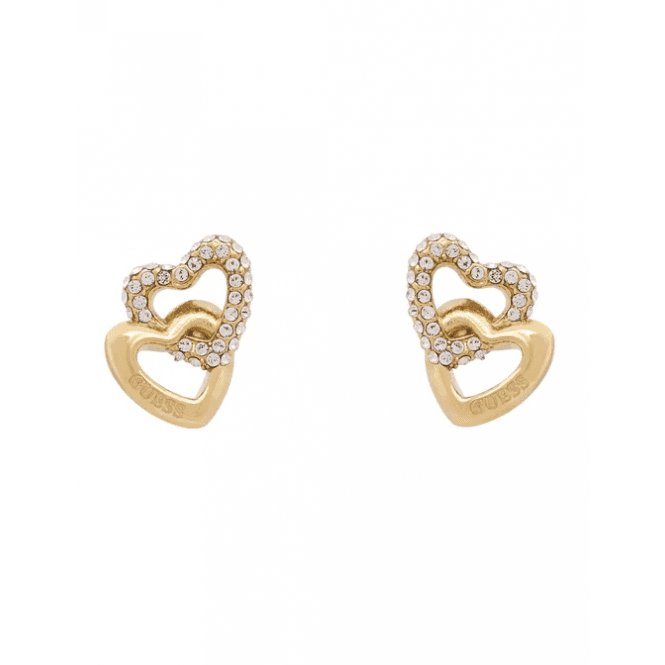 Guess Ladies Gold Plated Crystal Heart Links Stud Earrings JUBE06 015JW YG
