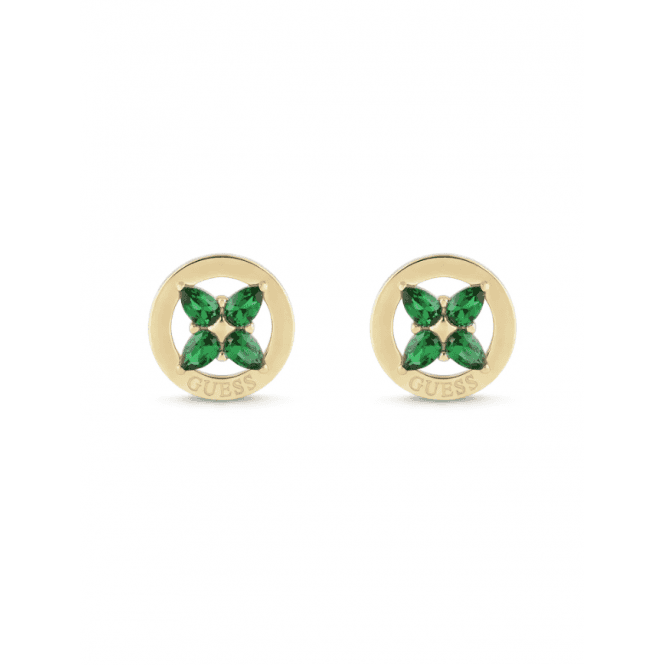 Guess Ladies Gold Plated Green Crystal Flower Stud Earrings JUBE06 040JW YGGN
