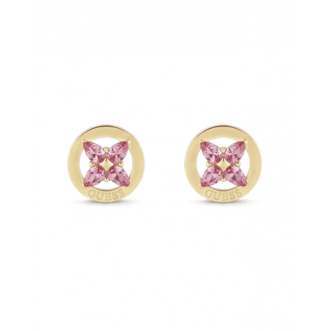 Guess Ladies Gold Plated Pink Crystal Flower Stud Earrings JUBE06 040JW YGPK