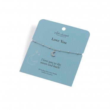 Silver Whisper "Love You" 925 Sterling Silver Bracelet with CZ set Crescent Moon charm.