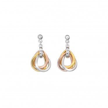 Sterling Silver Diamond Set 3-Tone Interlocking Teardrop Earrings DE645