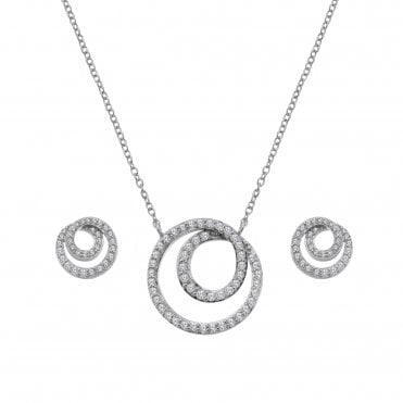 Sterling Silver Double Open Circles Pendant & Earrings Set SS157
