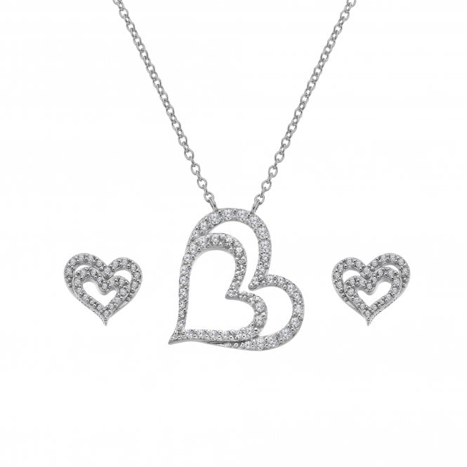 Hot Diamonds Sterling Silver Double Open Heart Pendant & Earrings Set SS158