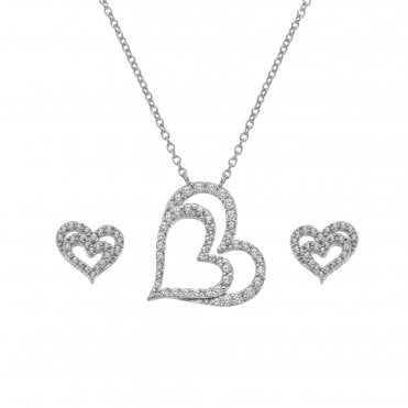 Sterling Silver Double Open Heart Pendant & Earrings Set SS158