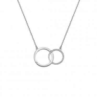 Sterling Silver Interlocking White Topaz & Diamond Set Double Circle Pendant & Chain DN127